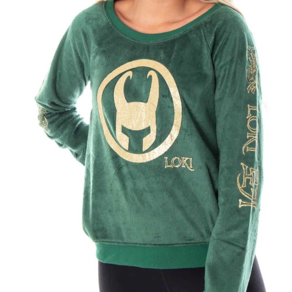 Women's Marvel Loki Glitter Foil Print Fleece Long Sleeve Pajama Sleep Shirt